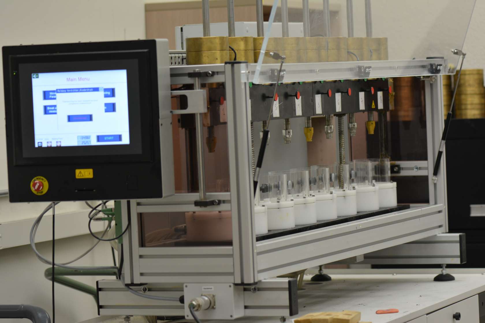The device simulates various chewing movements in the mouth for materials testing of implants, bridges, crowns, composite material and jaw models: Execution of complete chewing cycles by means of linear 2-axis motion; Interpolated circular dual-axis movement for higher simulation frequencies up to 5Hz; Simulation of Bruxism especially to test bite splints; Integrated real-time wear analysis with break detection for every sample station (option); The functional principle of the CS-4 device set standards in pre-clinical screening of material since 1998 but could be further improved and adapted to our customers' wishes:; Kinematics: Particularly precise motion through the use of digital servo drives; Significantly reduced noise when running, so can be used without problems in laboratories; 2-axis operation reduces test times by up to 20% by means of simultaneous reverse motion along both axes; Devices available which have identical specifications but 2 or 4 specimen chambers. This gives; significant price advantages for users with smaller specimen volumes; Various specimen holders, antagonists and special test rigs are available.